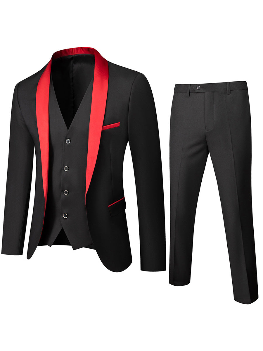 Tailored Fit Shawl Lapel Single Breasted One-button 3 Pieces Patterned Men's Wedding Suits Red