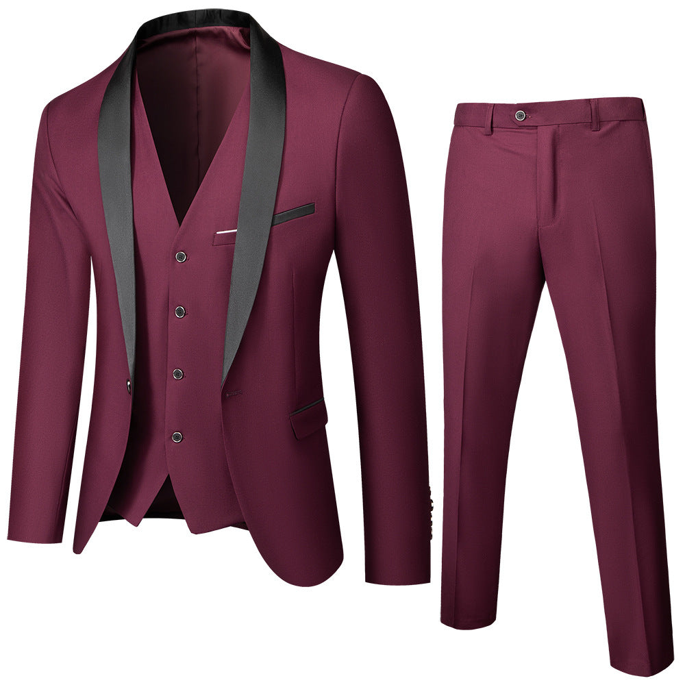 Tailored Fit Shawl Lapel Single Breasted One-button 3 Pieces Patterned Men's Wedding Suits Wine Red