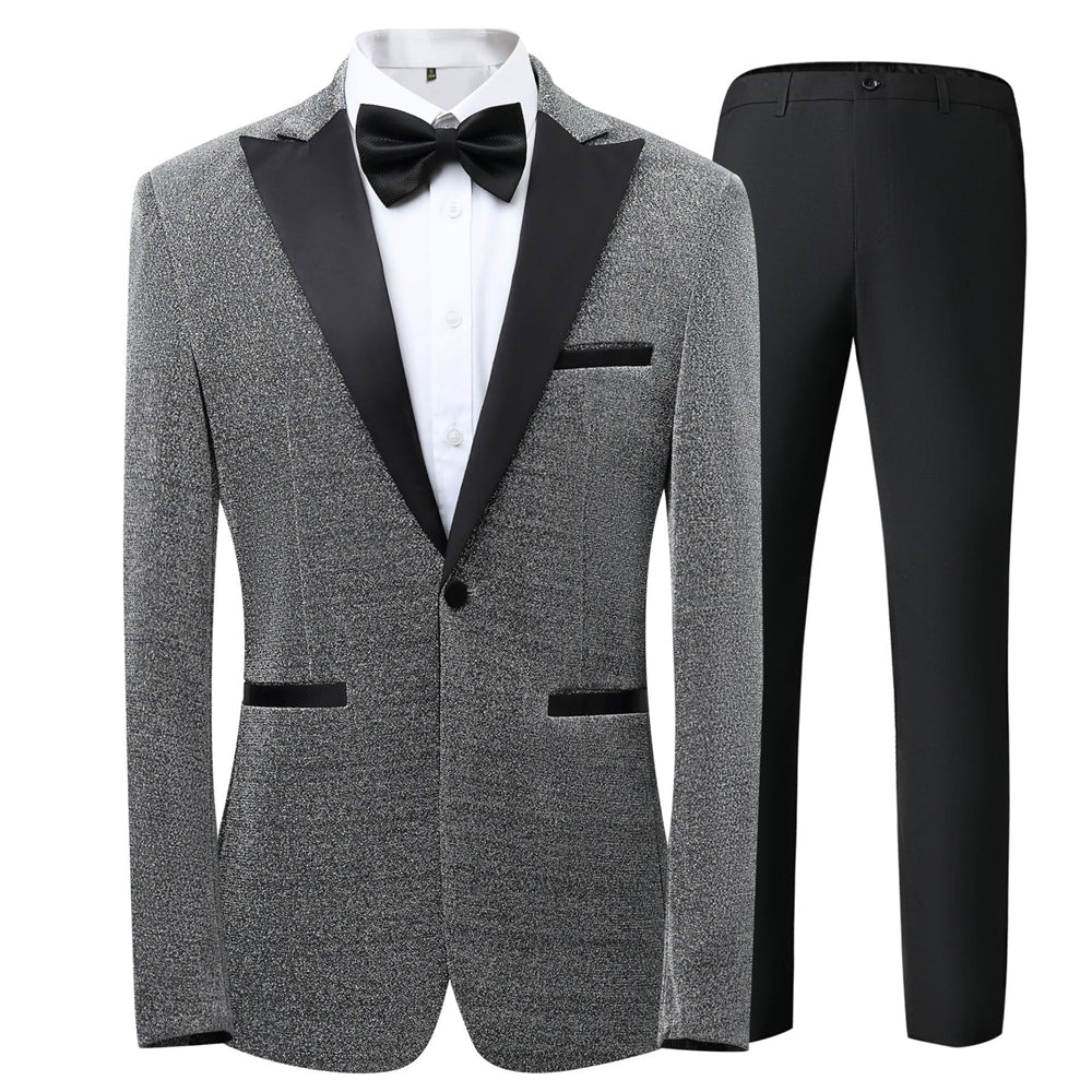Tailored Fit Peaked Lapel Single Breasted One-button 3 Pieces Patterned Men's Wedding Suits Silver