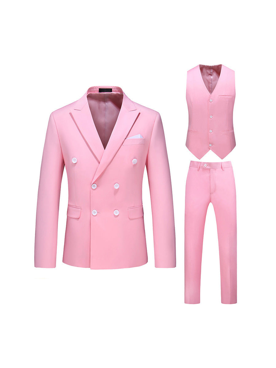 Tailored Fit Peaked Lapel Double Breasted Six-buttons 3 Pieces Men's Wedding Suits Pink