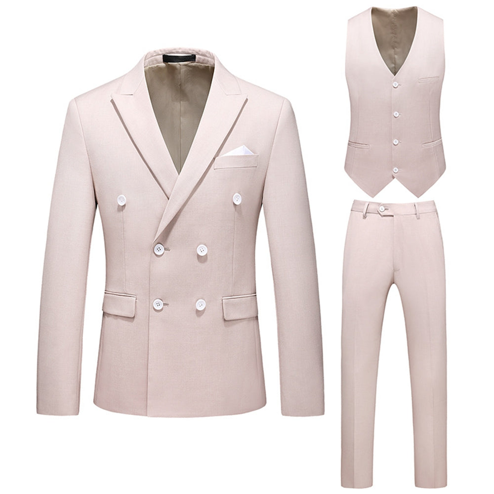 Tailored Fit Peaked Lapel Double Breasted Six-buttons 3 Pieces Men's Wedding Suits Apricot