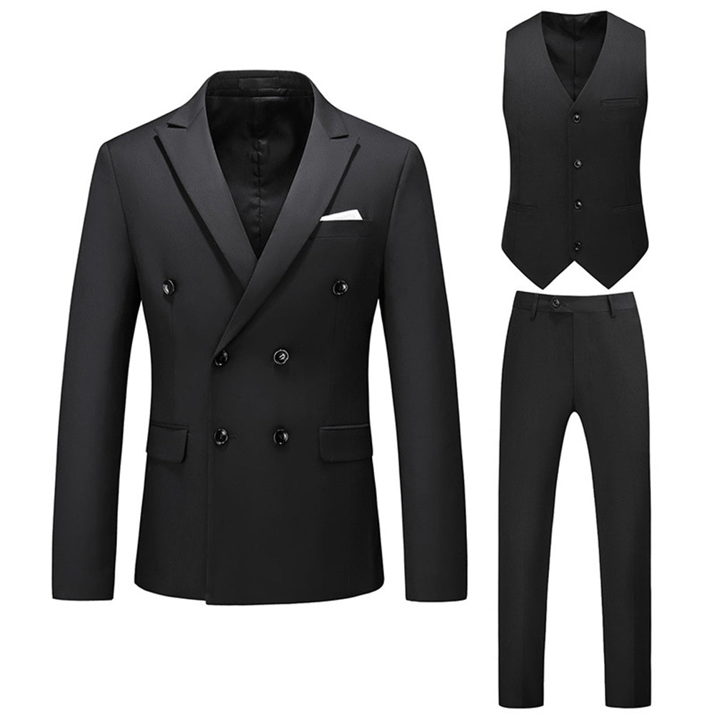 Tailored Fit Peaked Lapel Double Breasted Six-buttons 3 Pieces Men's Wedding Suits Black