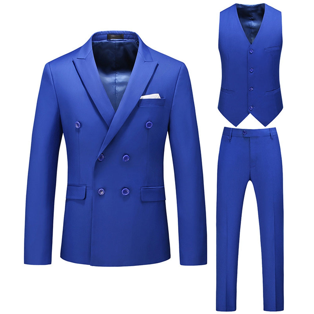 Tailored Fit Peaked Lapel Double Breasted Six-buttons 3 Pieces Men's Wedding Suits Royal Blue