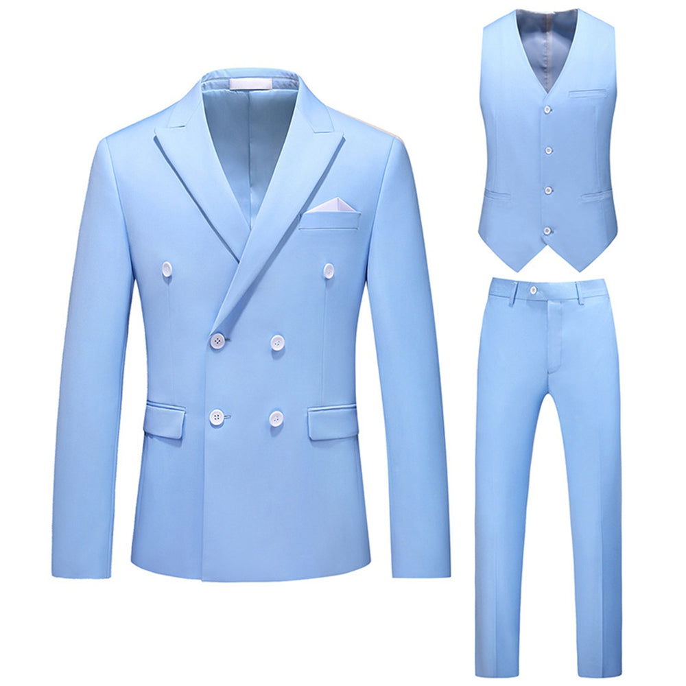 Tailored Fit Peaked Lapel Double Breasted Six-buttons 3 Pieces Men's Wedding Suits Blue