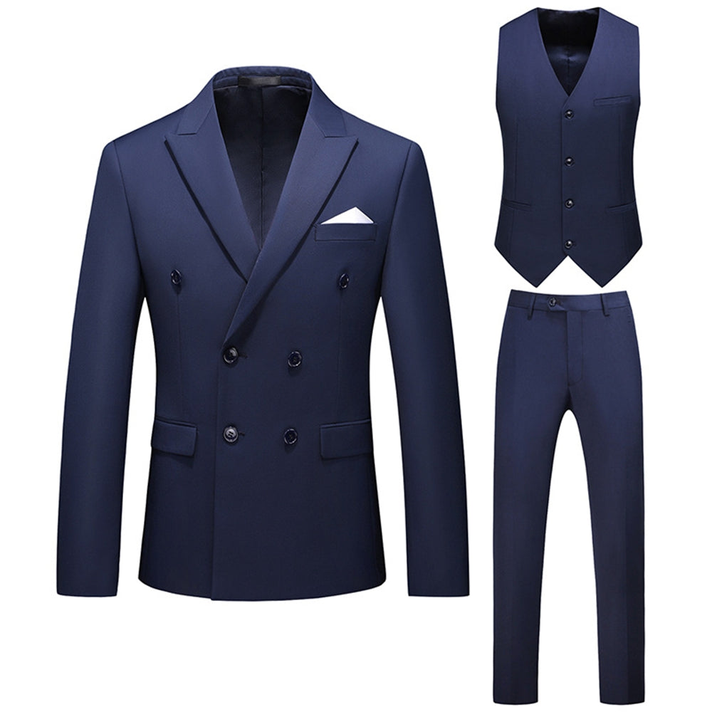 Tailored Fit Peaked Lapel Double Breasted Six-buttons 3 Pieces Men's Wedding Suits Navy Blue