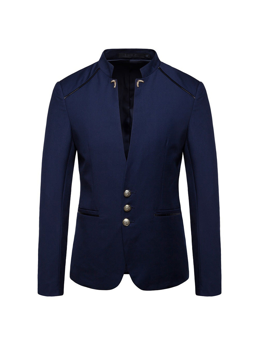 Tailored Fit High Neck Single Breasted Three-button Men's Party Jacket Navy Blue