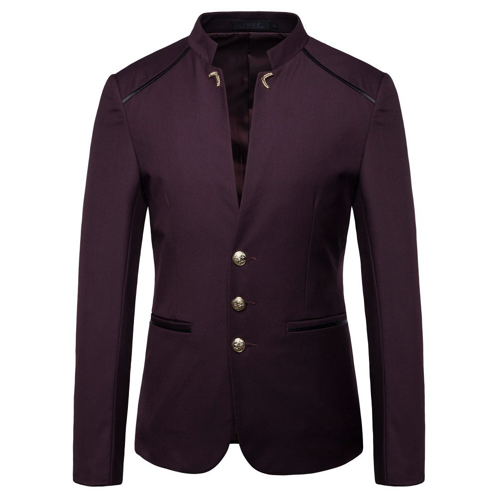 Tailored Fit High Neck Single Breasted Three-button Men's Party Jacket Red