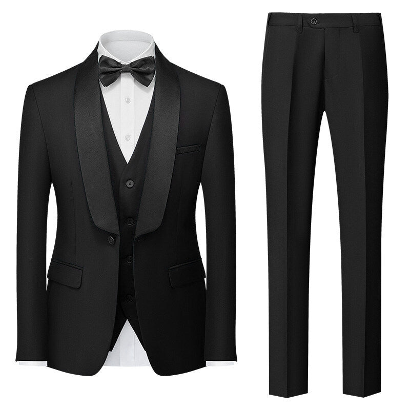 Tailored Fit Shawl Lapel Single Breasted One-button 3 Pieces Solid Colored Men's Suits Black