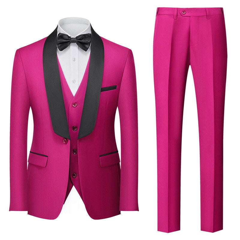 Tailored Fit Shawl Lapel Single Breasted One-button 3 Pieces Solid Colored Men's Suits Fuchsia