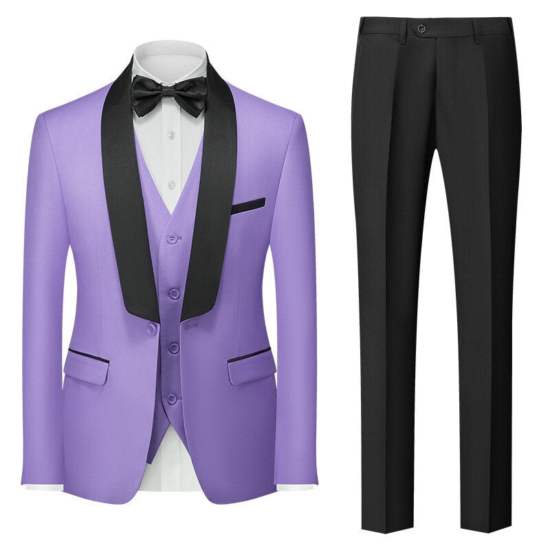 Tailored Fit Shawl Lapel Single Breasted One-button 3 Pieces Solid Colored Men's Suits Light Purple
