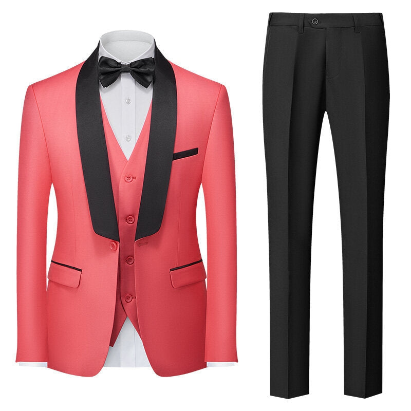 Tailored Fit Shawl Lapel Single Breasted One-button 3 Pieces Solid Colored Men's Suits Pink