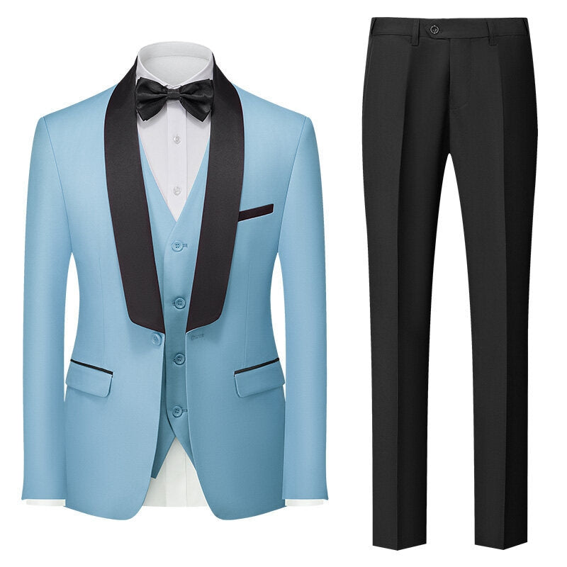 Tailored Fit Shawl Lapel Single Breasted One-button 3 Pieces Solid Colored Men's Suits Sky Blue