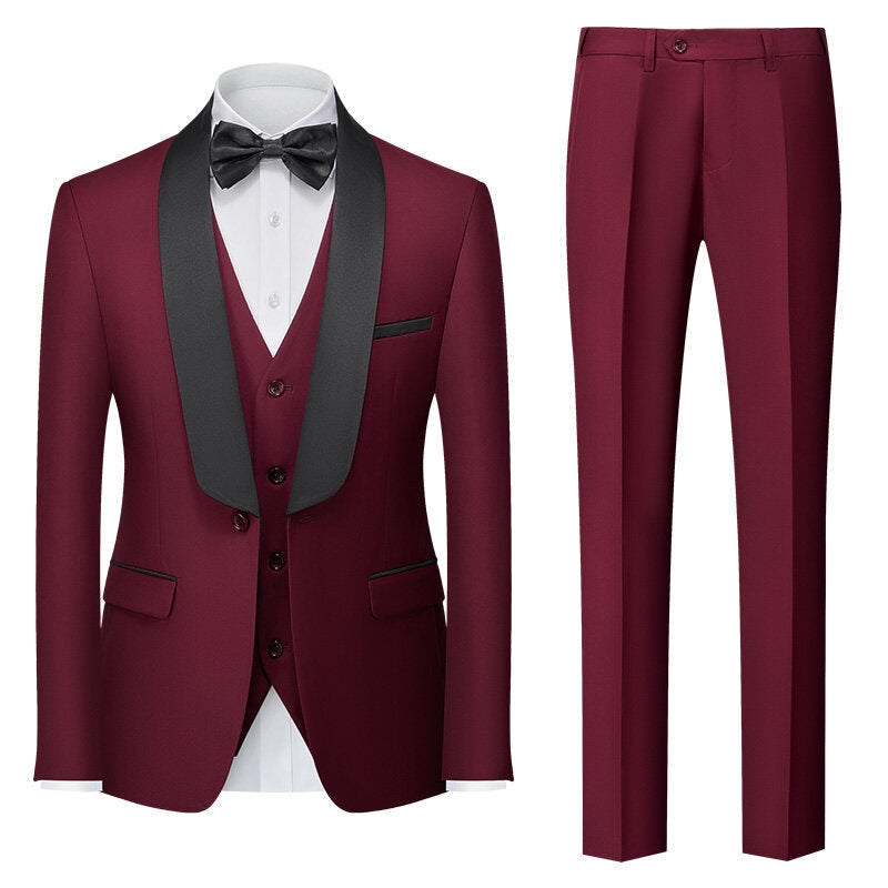 Tailored Fit Shawl Lapel Single Breasted One-button 3 Pieces Solid Colored Men's Suits Wine Red
