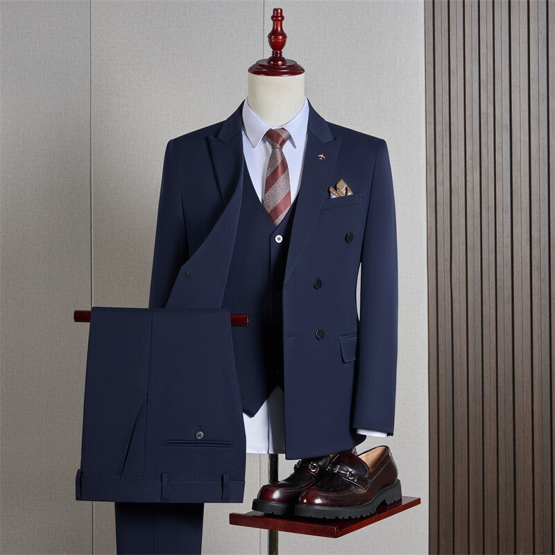 Tailored Fit Peaked Lapel Double Breasted Four-buttons 3 Pieces Men's Formal Suits Navy Blue