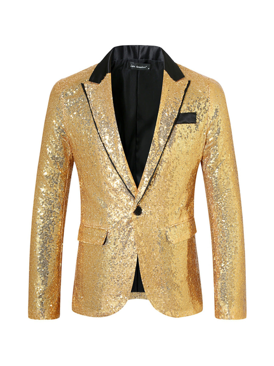 Tailored Fit Peaked Lapel Single Breasted One-Button Sequin Men's Party Jacket with Pockets Gold