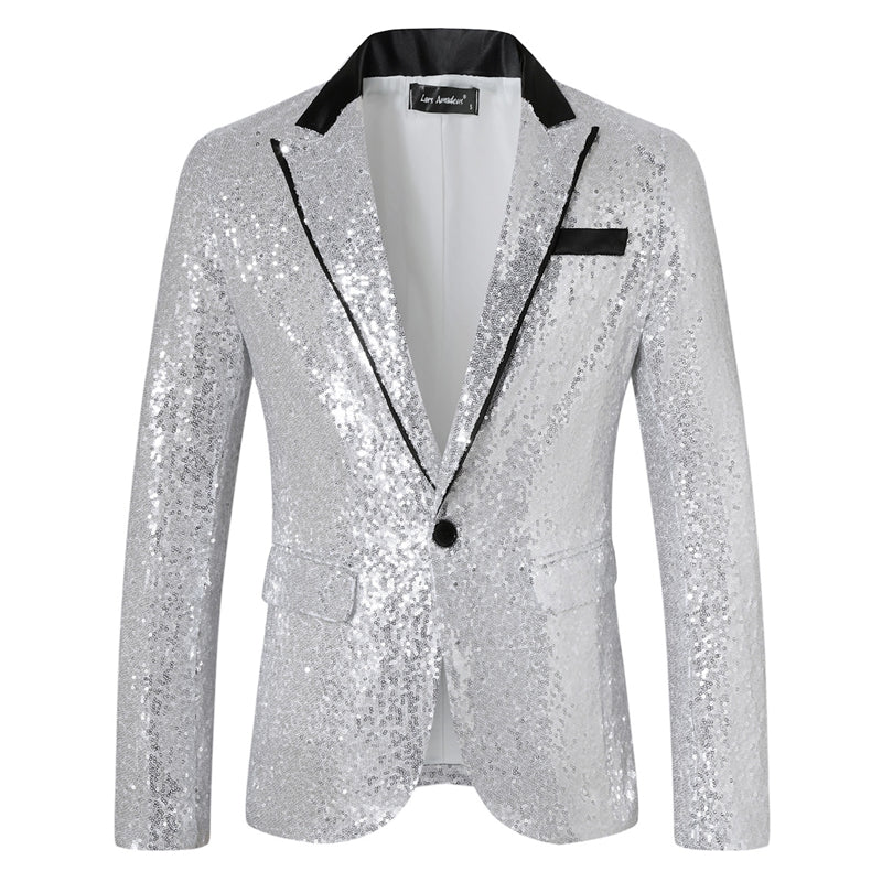 Tailored Fit Peaked Lapel Single Breasted One-Button Sequin Men's Party Jacket with Pockets Silver