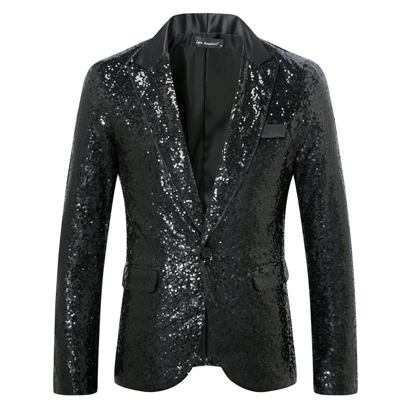 Tailored Fit Peaked Lapel Single Breasted One-Button Sequin Men's Party Jacket with Pockets Black
