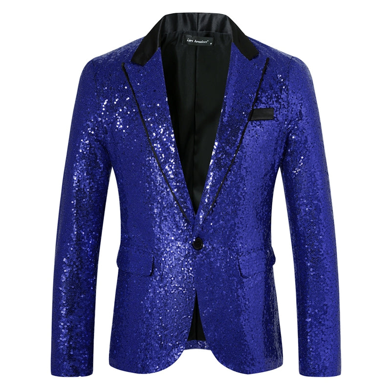 Tailored Fit Peaked Lapel Single Breasted One-Button Sequin Men's Party Jacket with Pockets Royal Blue