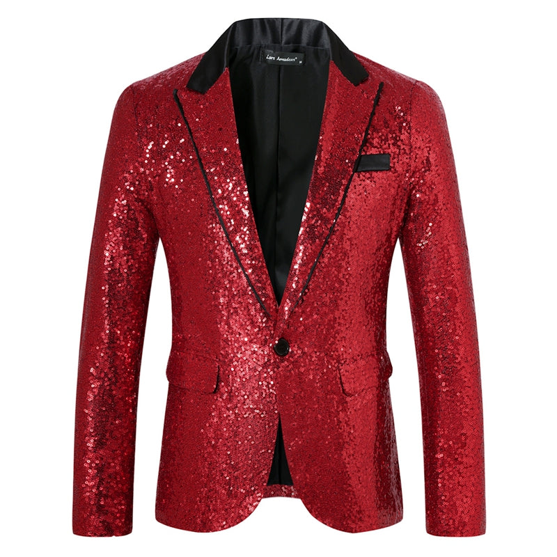 Tailored Fit Peaked Lapel Single Breasted One-Button Sequin Men's Party Jacket with Pockets Red