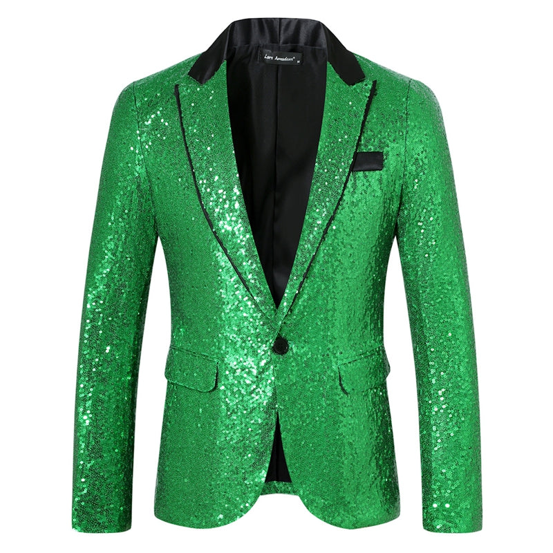 Tailored Fit Peaked Lapel Single Breasted One-Button Sequin Men's Party Jacket with Pockets Green