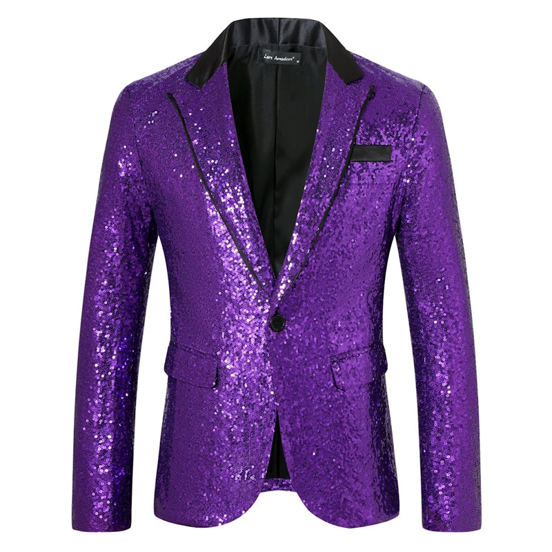 Tailored Fit Peaked Lapel Single Breasted One-Button Sequin Men's Party Jacket with Pockets Purple