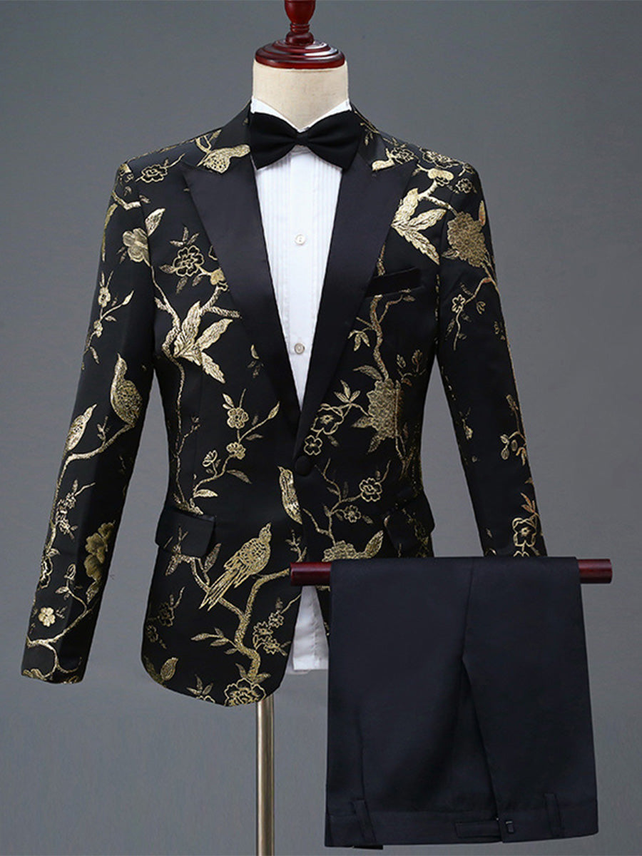 Tailored Fit Peaked Lapel Single Breasted One-Button 2 Pieces Men's Party Suits Gold Jacquard
