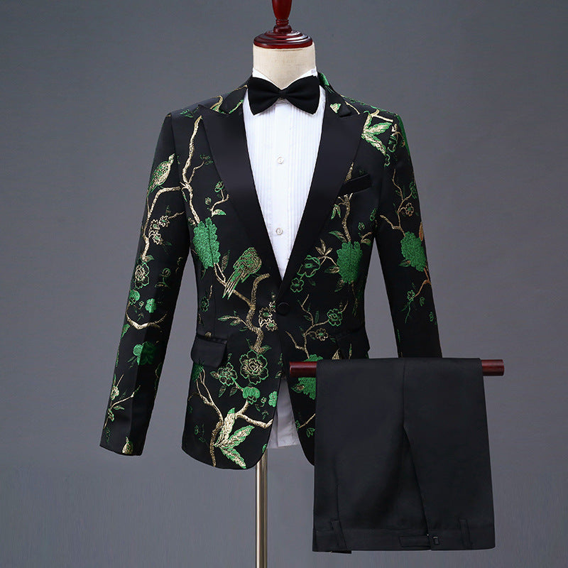 Tailored Fit Peaked Lapel Single Breasted One-Button 2 Pieces Men's Party Suits Green Jacquard