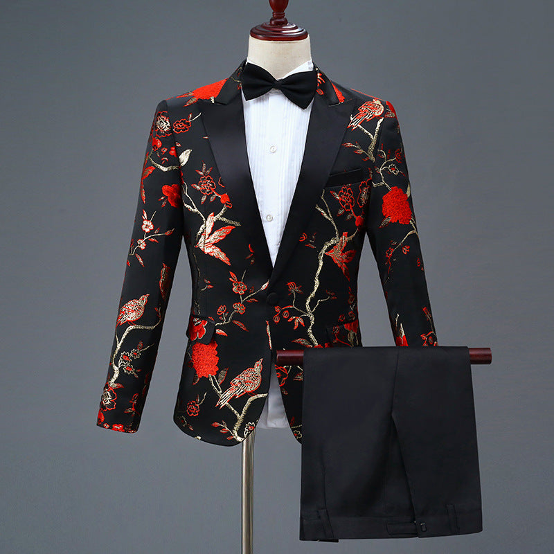 Tailored Fit Peaked Lapel Single Breasted One-Button 2 Pieces Men's Party Suits Red Jacquard