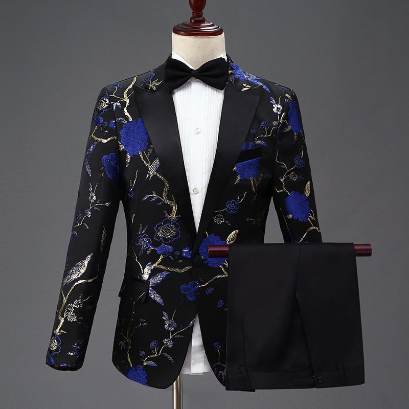 Tailored Fit Peaked Lapel Single Breasted One-Button 2 Pieces Men's Party Suits Blue Jacquard