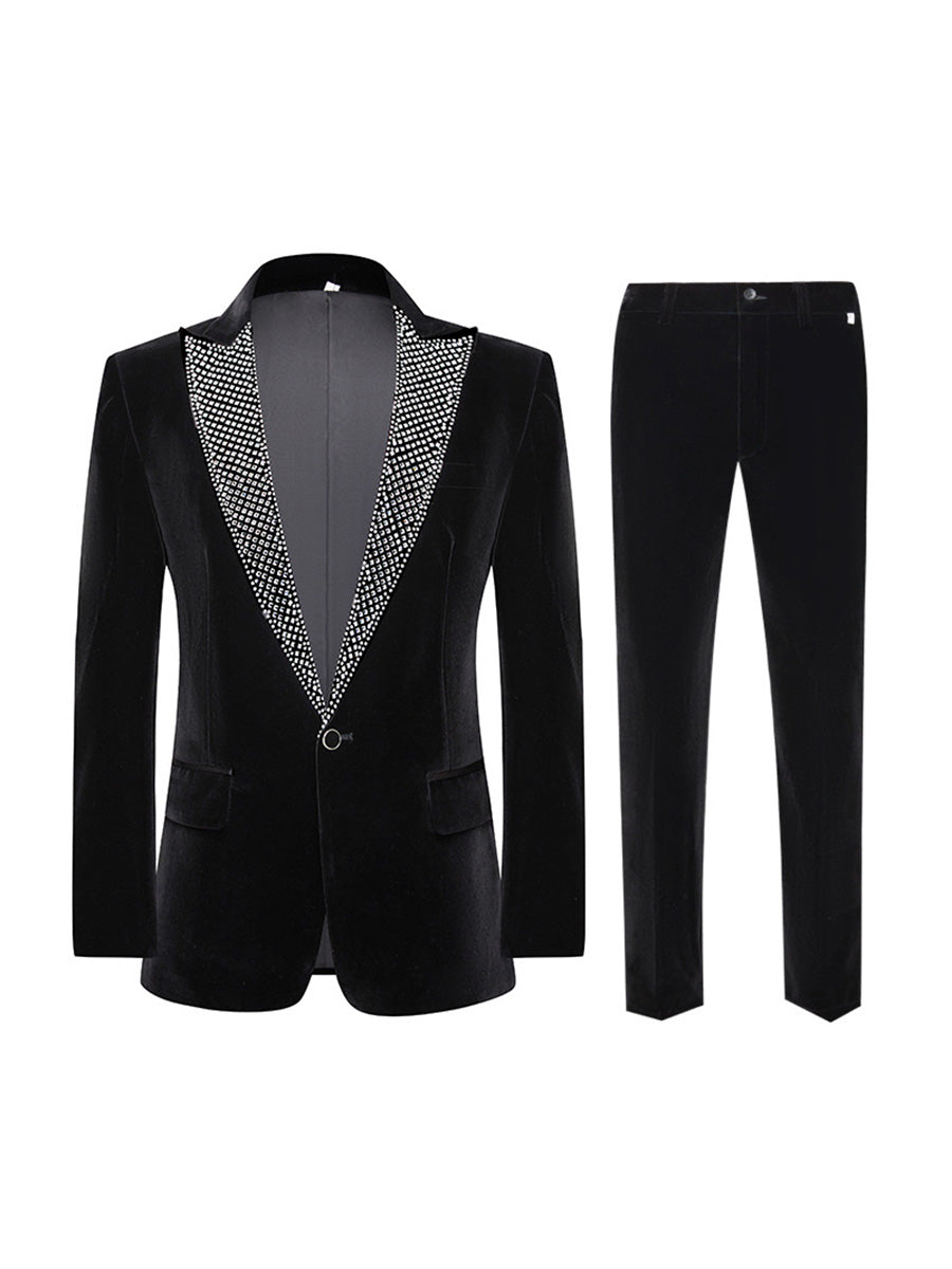 Tailored Fit Peaked Lapel Single Breasted One-Button 2 Pieces Men's Party Suits with Rhinestones Black