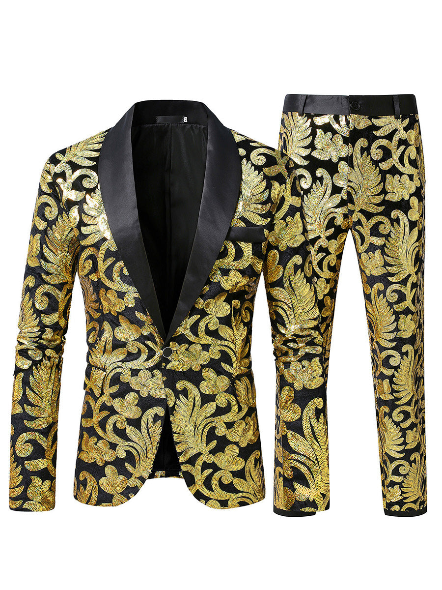 Tailored Fit Shawl Lapel Single Breasted One-Button 2 Piece Men's Party Suits with Sequin Appliques Gold