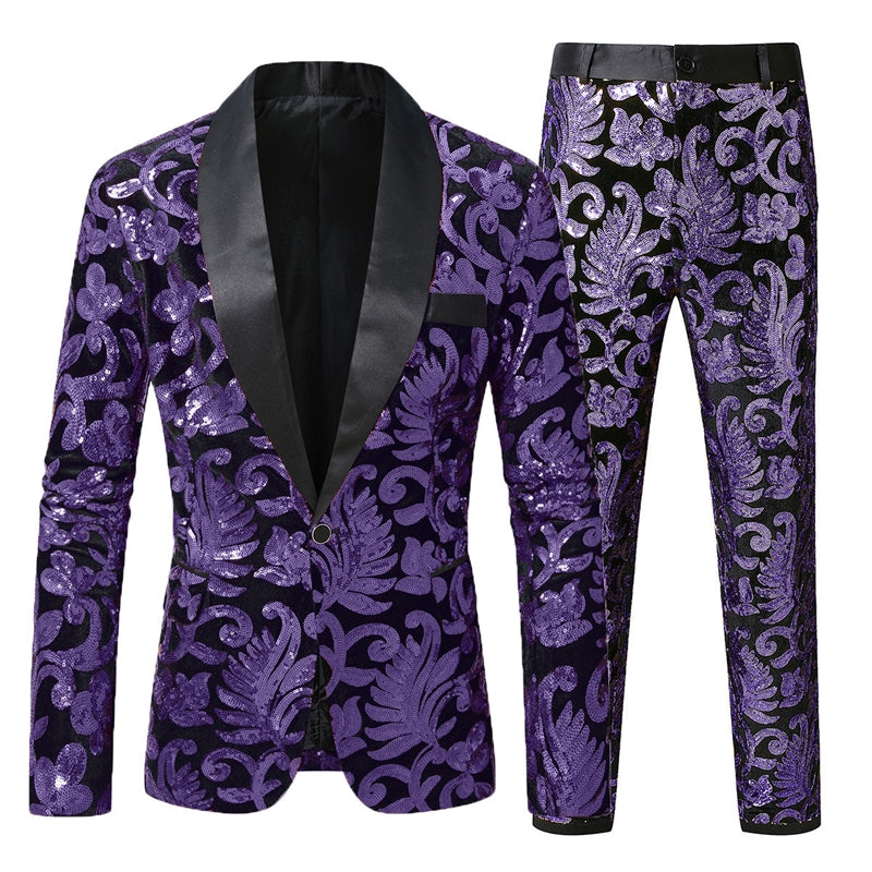 Tailored Fit Shawl Lapel Single Breasted One-Button 2 Piece Men's Party Suits with Sequin Appliques Purple