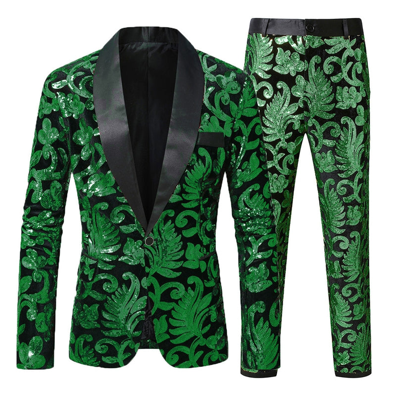 Tailored Fit Shawl Lapel Single Breasted One-Button 2 Piece Men's Party Suits with Sequin Appliques Green