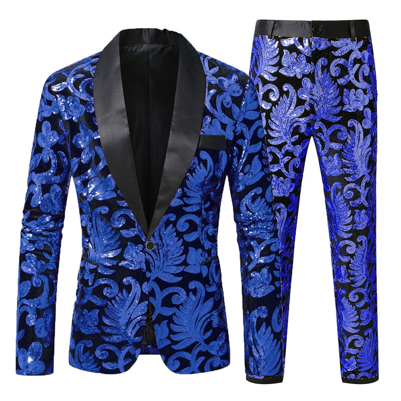 Tailored Fit Shawl Lapel Single Breasted One-Button 2 Piece Men's Party Suits with Sequin Appliques Royal Blue