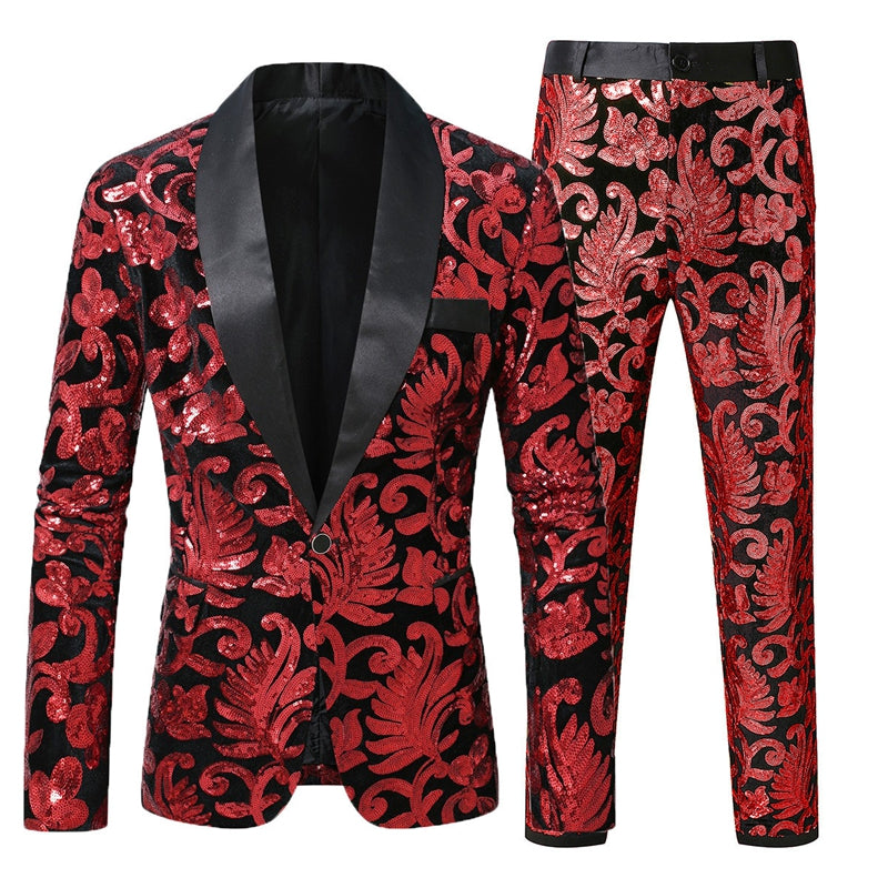 Tailored Fit Shawl Lapel Single Breasted One-Button 2 Piece Men's Party Suits with Sequin Appliques Red