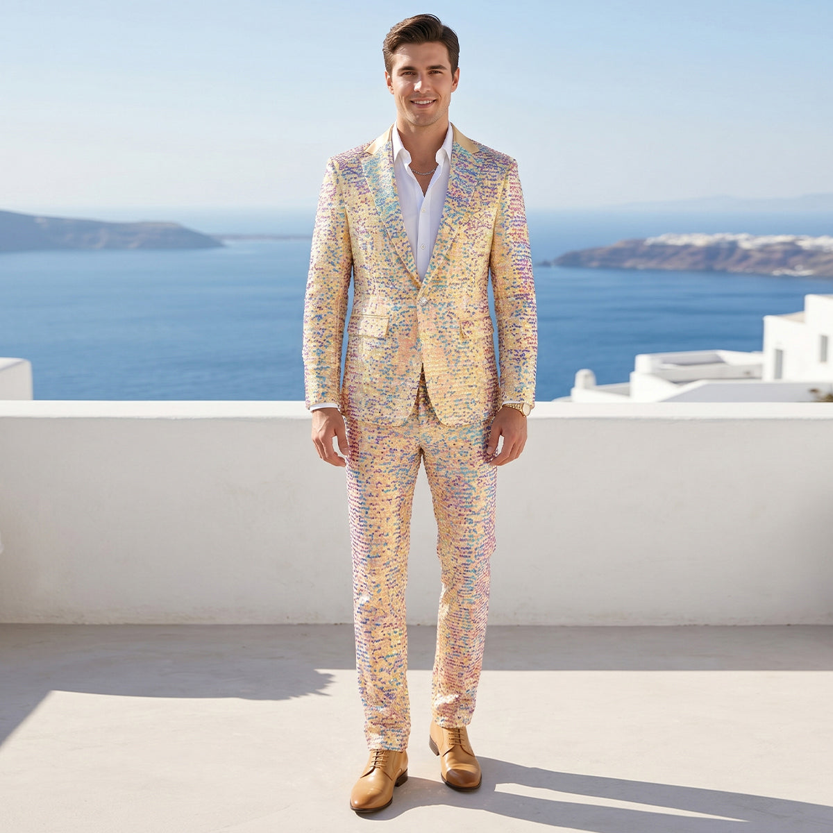Tailored Fit Notched Lapel Single Breasted One-Button Sequin 2 Piece Men's Party Suits Iridescent Gold