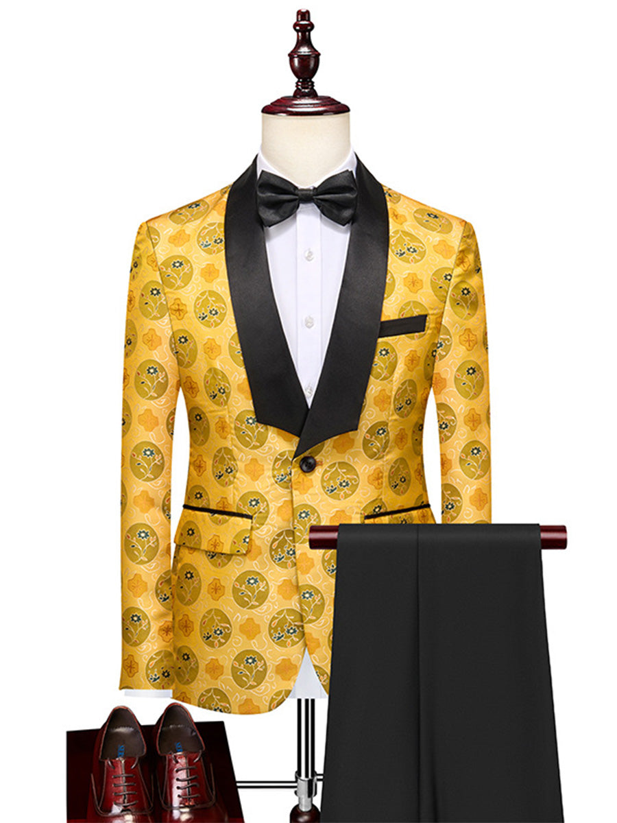 Tailored Fit Shawl Lapel Single Breasted One-Button Embroidery 2 Piece Men's Party Suits Yellow