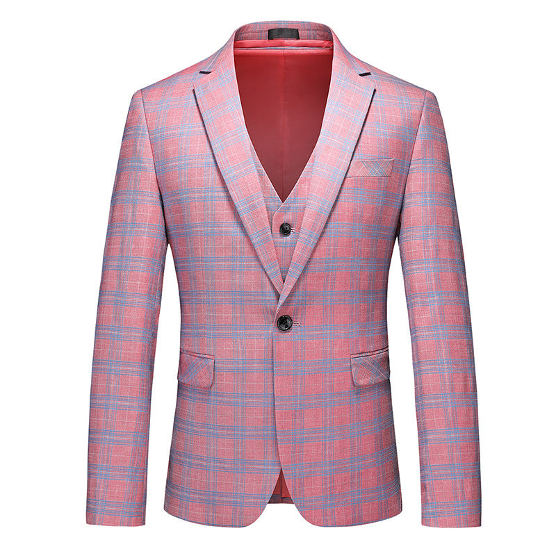 Tailored Fit Notched Lapel Single Breasted One-Button Grid 3 Piece Men's Party Suits