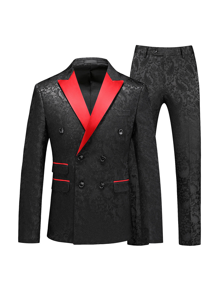 Tailored Fit Peaked Lapel Double Breasted Six-Buttons 2 Piece Men's Party Suits Black