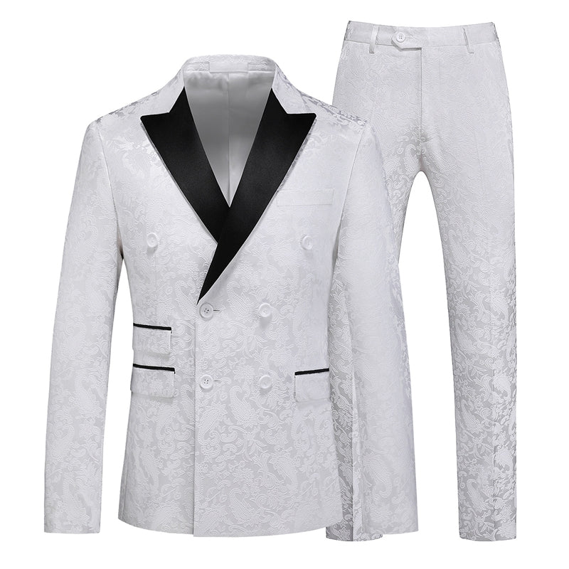 Tailored Fit Peaked Lapel Double Breasted Six-Buttons 2 Piece Men's Party Suits White