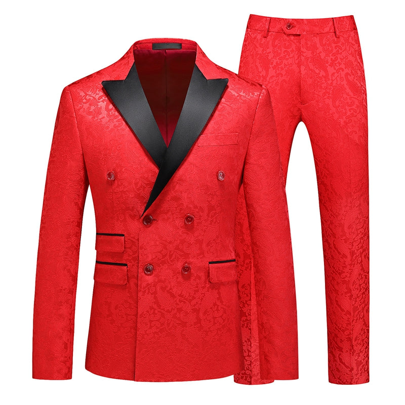 Tailored Fit Peaked Lapel Double Breasted Six-Buttons 2 Piece Men's Party Suits Red