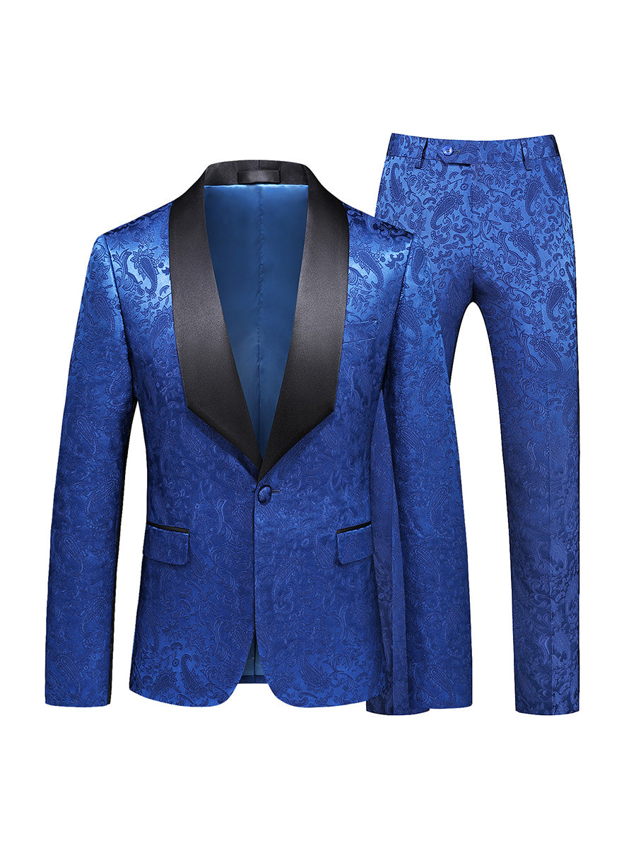 Tailored Fit Shawl Lapel Single Breasted One-Button Jacquard 2 Piece Men's Party Suits Royal Blue