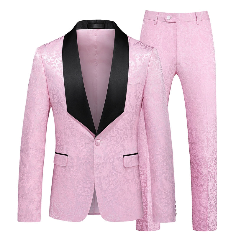 Tailored Fit Shawl Lapel Single Breasted One-Button Jacquard 2 Piece Men's Party Suits Pink