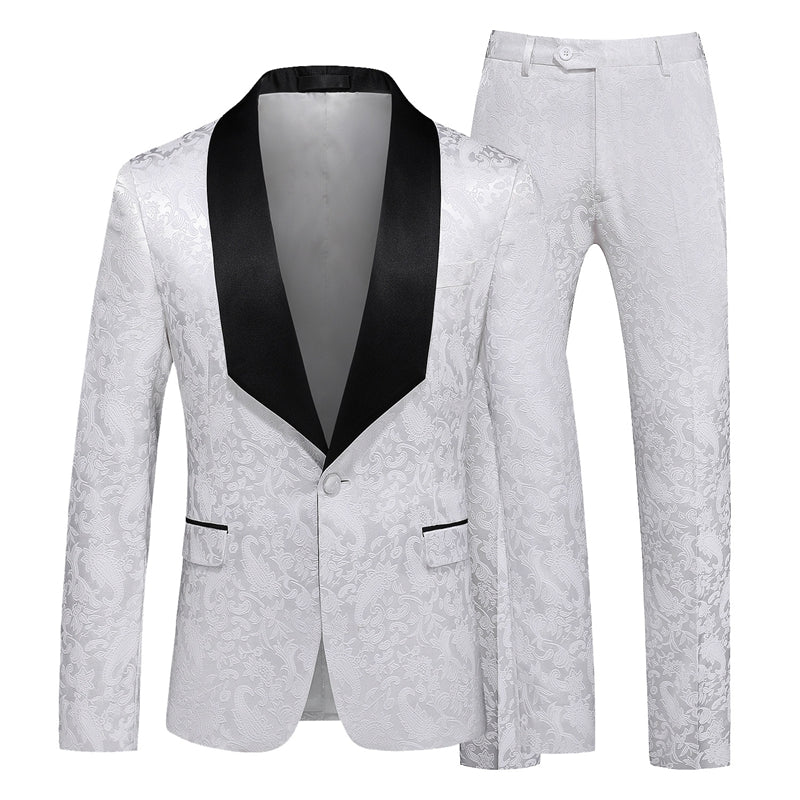 Tailored Fit Shawl Lapel Single Breasted One-Button Jacquard 2 Piece Men's Party Suits White