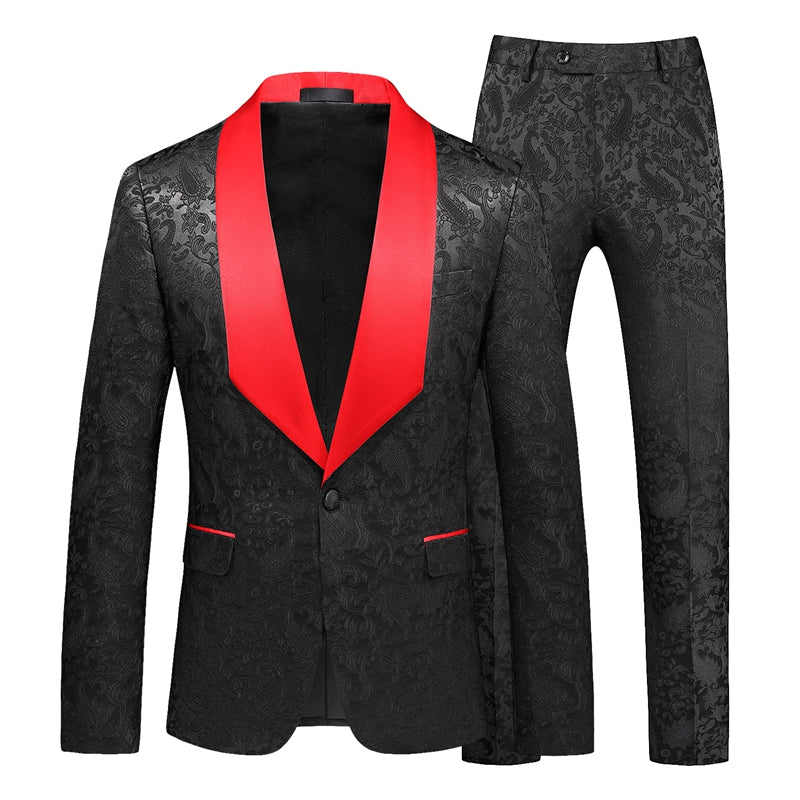 Tailored Fit Shawl Lapel Single Breasted One-Button Jacquard 2 Piece Men's Party Suits Black