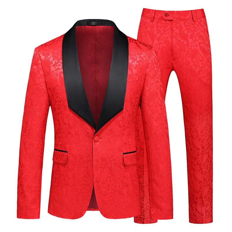 Tailored Fit Shawl Lapel Single Breasted One-Button Jacquard 2 Piece Men's Party Suits Red