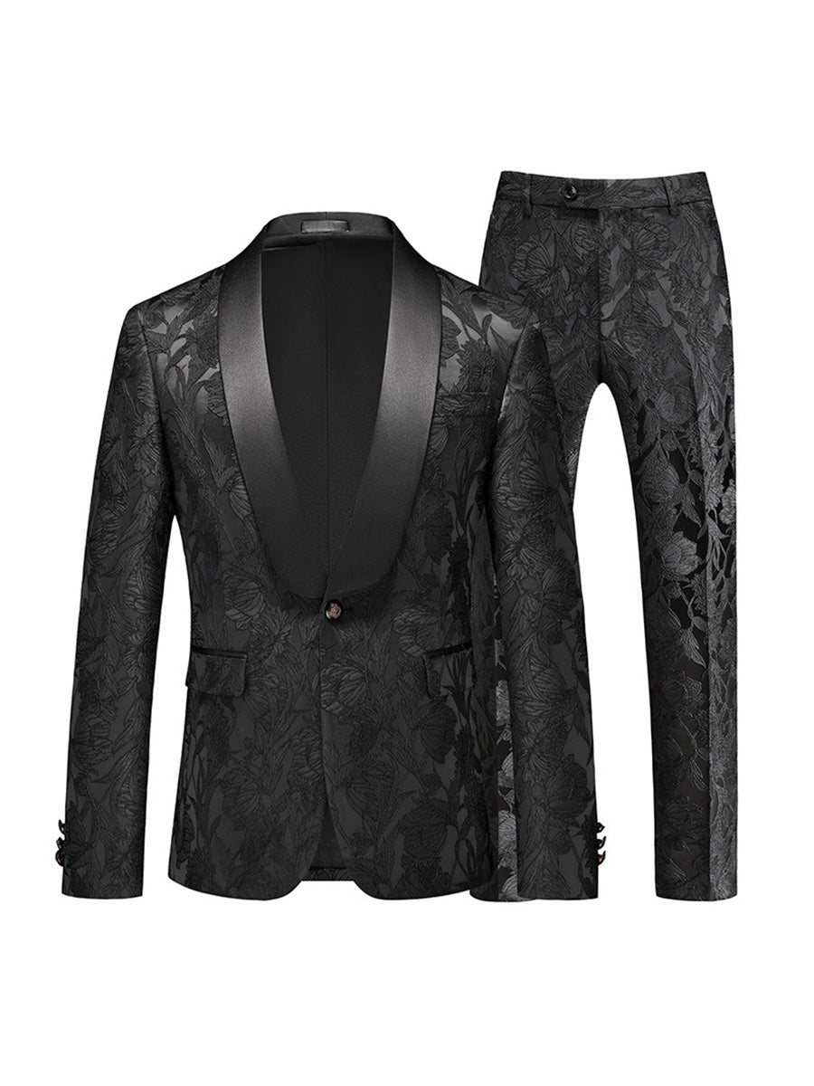 Tailored Fit Shawl Lapel Single Breasted One-Button Jacquard 2 Piece Men's Party Suits Black