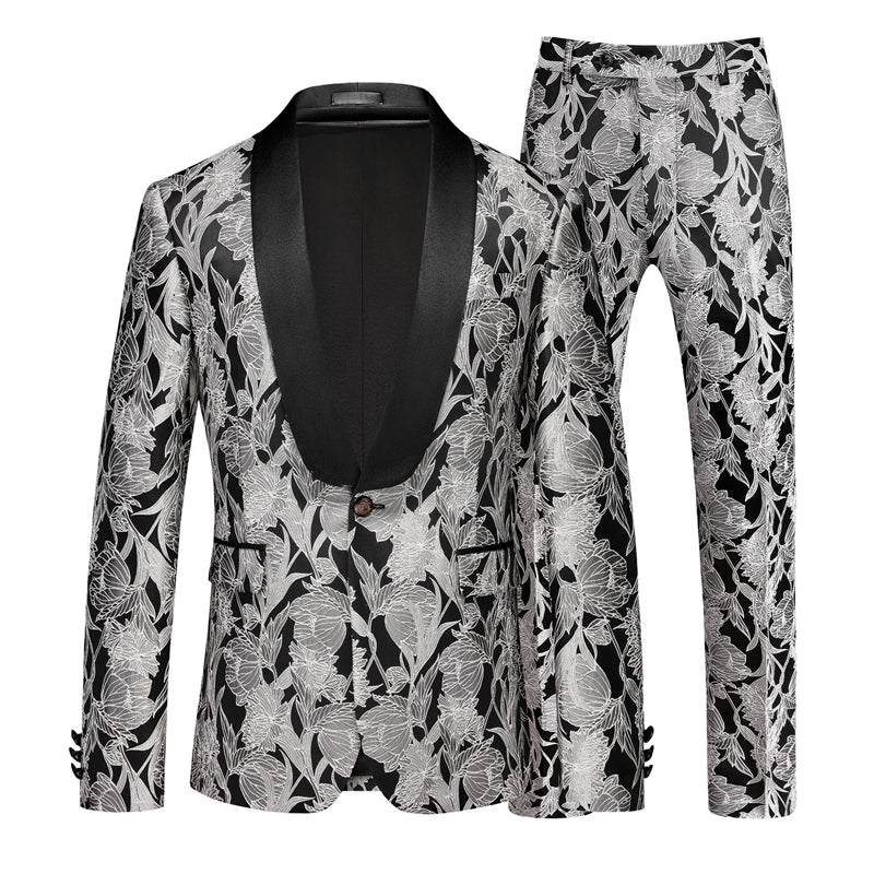 Tailored Fit Shawl Lapel Single Breasted One-Button Jacquard 2 Piece Men's Party Suits Gray