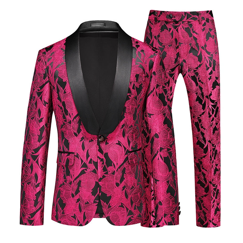 Tailored Fit Shawl Lapel Single Breasted One-Button Jacquard 2 Piece Men's Party Suits Pink