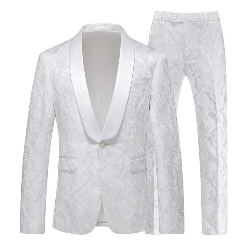 Tailored Fit Shawl Lapel Single Breasted One-Button Jacquard 2 Piece Men's Party Suits White